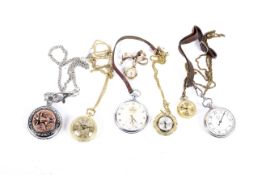A collection of seven pocket and fob watches with Albert chains. Various makers and styles.
