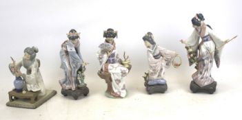 Five Lladro porcelain figures of oriental women.