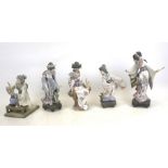 Five Lladro porcelain figures of oriental women.