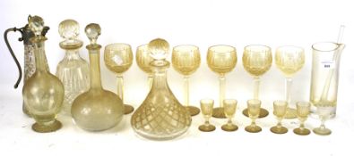 An assortment of Victorian and later glassware. Including decanters, a set of six wine glasses, etc.