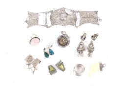 An assortment of White metal and silver jewellery. To include bracelets, rings and earrings, etc.