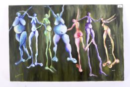 D Sancha (21st Century), Seven Dancing Female Nudes, oil on canvas.