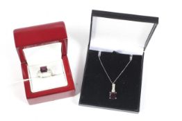 A matching pendant diamond pendant necklace and ring stamped 14K.