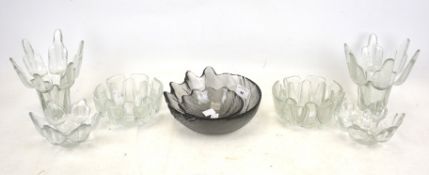 Eight pieces of mid-century textured glassware.