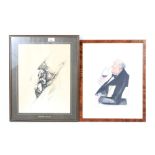 Two caricature prints in frames.