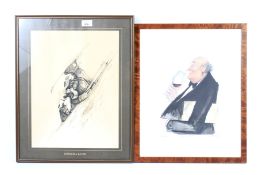 Two caricature prints in frames.