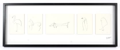 A framed print after Picasso. Depiciting birds, a dog and a horse, within a black frame, 29.