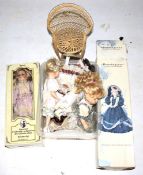 Six assorted porcelain dolls with selection of clothing