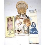 Six assorted porcelain dolls with selection of clothing