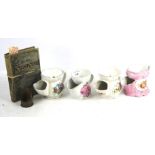Shaving mugs, trench art and book stamps. Four floral mugs, trench art dated 1943 etc.