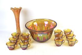 A collection of carnival glass.
