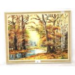 A oil painting on board of a woodland scene. Signed FACER 43cm x 33xm framed.