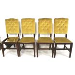 Four chairs. Green with studded upholstery, one chair missing seat, H102cm x D44cm x W47cm.