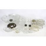 Assorted glassware including display bowl, jelly moulds, sugar bowl, etc.