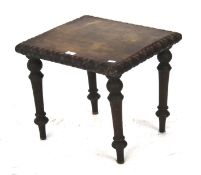 Wooden side table. Square table with carved surround on turned legs H42cm x L45cm.