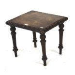 Wooden side table. Square table with carved surround on turned legs H42cm x L45cm.