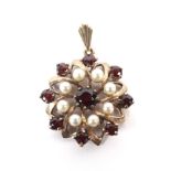 A vintage 9ct gold, garnet and cultured-pearl pendant.