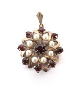 A vintage 9ct gold, garnet and cultured-pearl pendant.