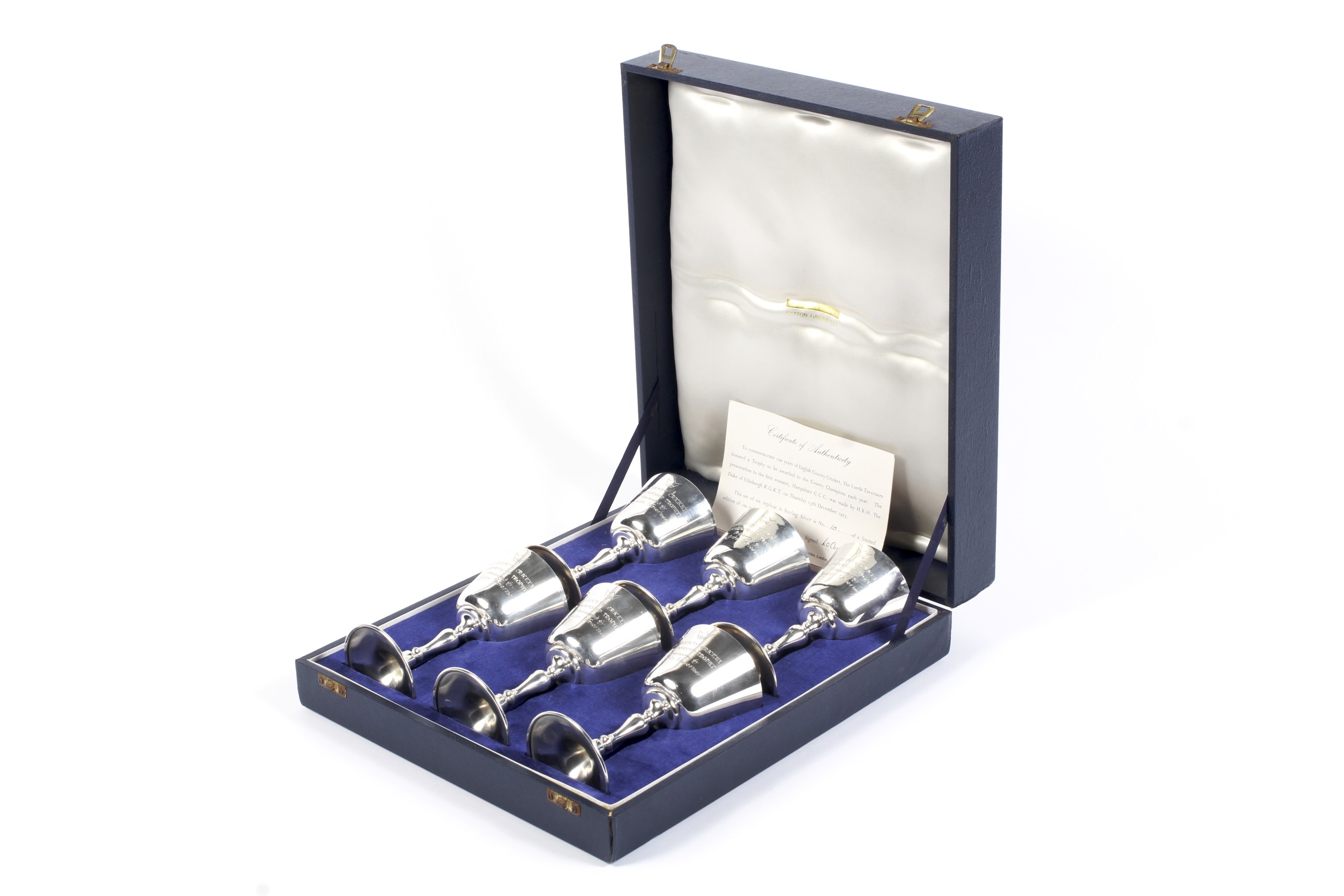 A set of six silver goblets to Commemorate 100 years of English County Cricket.