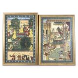 A pair of large framed 20th century Indian paintings on silk in the Mughal style.