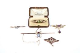 Five early 20th gold and gem set brooches including an insect bar brooch.