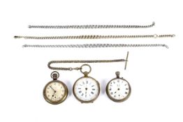 Three assorted vintage pocket watches and Albert chains. Including an Ingersoll Crown, a 'G.G.