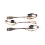 Three George III silver fiddle pattern tablespoons.