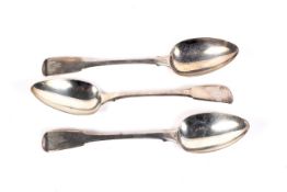 Three George III silver fiddle pattern tablespoons.