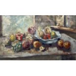 A Somerville (20th/21st Century), Still Life of Fruits and Vegetables on a table, oil on board.