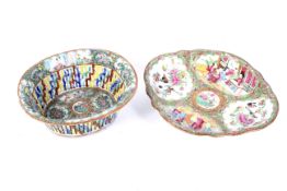 A 19th century Canton famille rose pierced oval basket and a lobed oval dish.