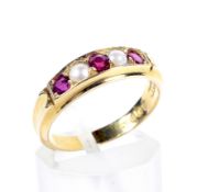 A late Victorian 18ct gold, ruby and half-pearl five stone ring.