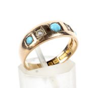 A late Victorian 15ct gold, half-pearl and turquoise five stone gypsy ring.