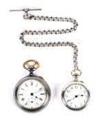 Two pocket watches including a silver example with Albert chain