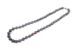 A South Sea cultured pearl necklace. The 48 black-stained beads approx. 8.6 -8 .