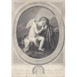 After Angelica Kauffmann, a framed 19th engraving by Porprati of Cupid titled Garde a Vous. 53.