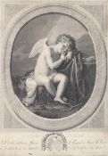 After Angelica Kauffmann, a framed 19th engraving by Porprati of Cupid titled Garde a Vous. 53.