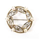 A vintage '12Kt' gold-filled and cultured-pearl six stone open circlet brooch.