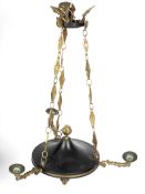 An early 20th century French Empire-style gilt-metal mounted three-light pendant ceiling light.