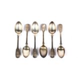 A set of six Victorian fiddle pattern teaspoons with script initials.