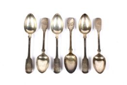 A set of six Victorian fiddle pattern teaspoons with script initials.
