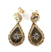 A pair of vintage 9ct gold and aquamarine two stone drop-shaped pendent earrings.