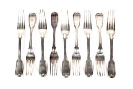 Nine William IV silver fiddle pattern dessert forks.