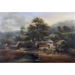 19th Century School, depicting figures on a farm in wooded river landscape. Oil on canvas.