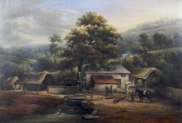 19th Century School, depicting figures on a farm in wooded river landscape. Oil on canvas.