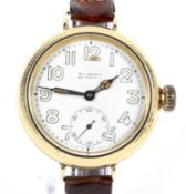 Vickery London and Swiss, an 18ct gold cased open face 'trench' watch, circa 1915.