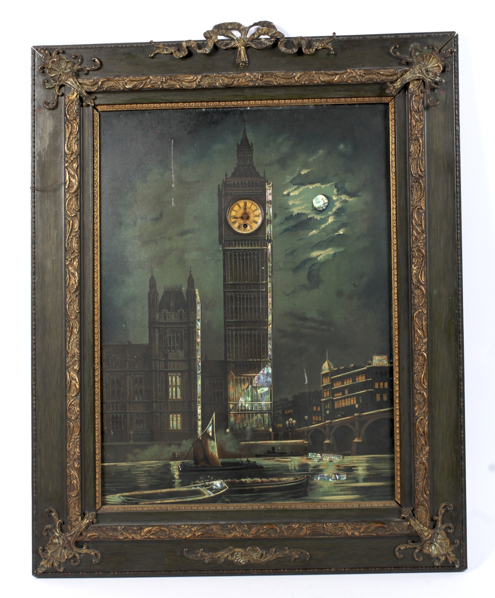An early 20th century framed print of Big Ben. Inset with a windup time piece to the face (no key). - Image 2 of 3