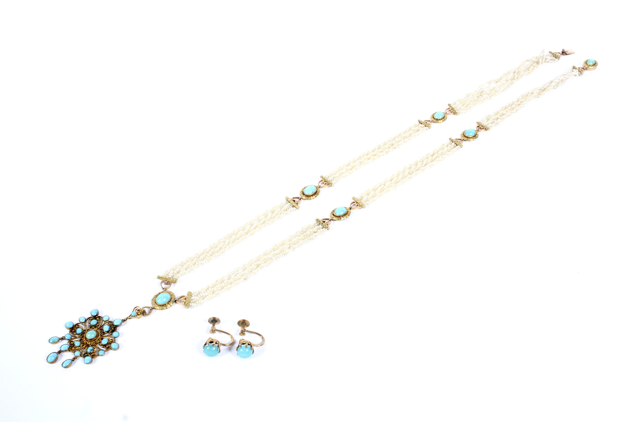 A Victorian gold, turquoise and seed pearl necklace and a pair of earrings.