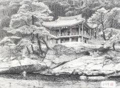 A 20th century framed print of a Korean temple.