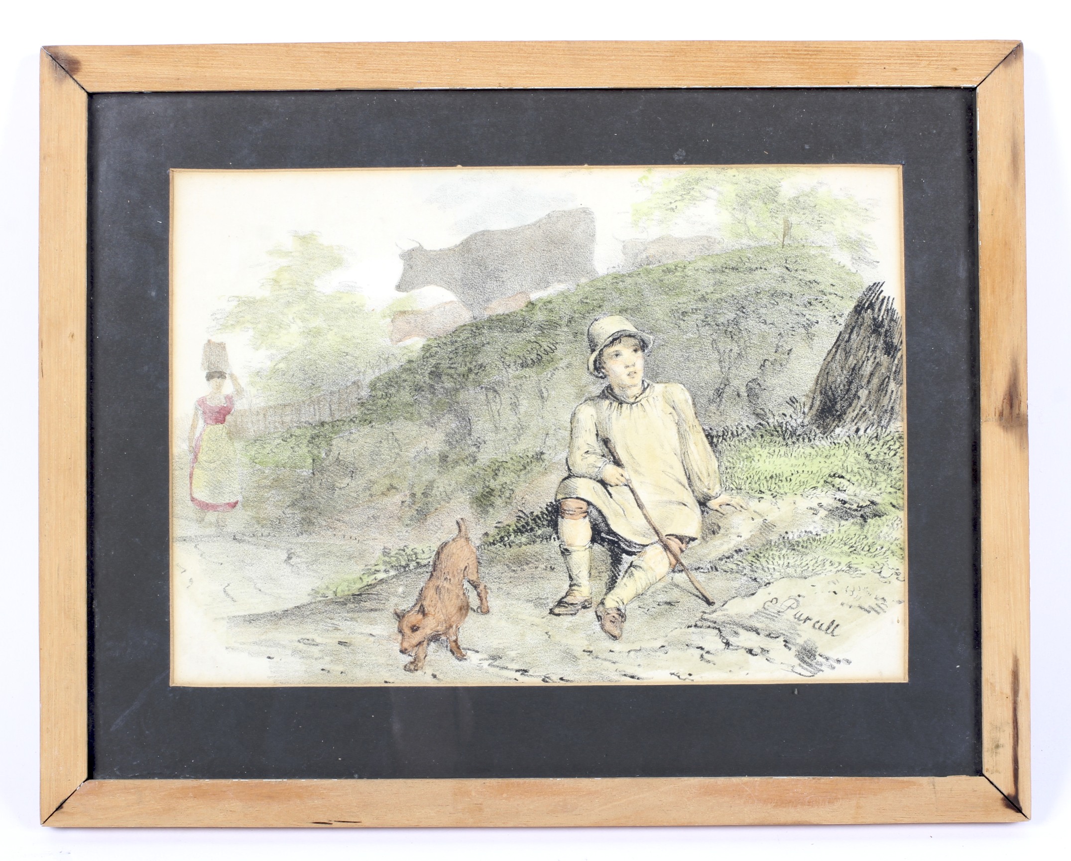 After Edward Purcell (act 1812-1831), coloured print of a milkmaid and seated youth, in landscape. - Image 2 of 3