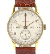 Acirca 1950s gentelman's Movado triple calender wristwatch. A Swiss made 15 jewel movement.